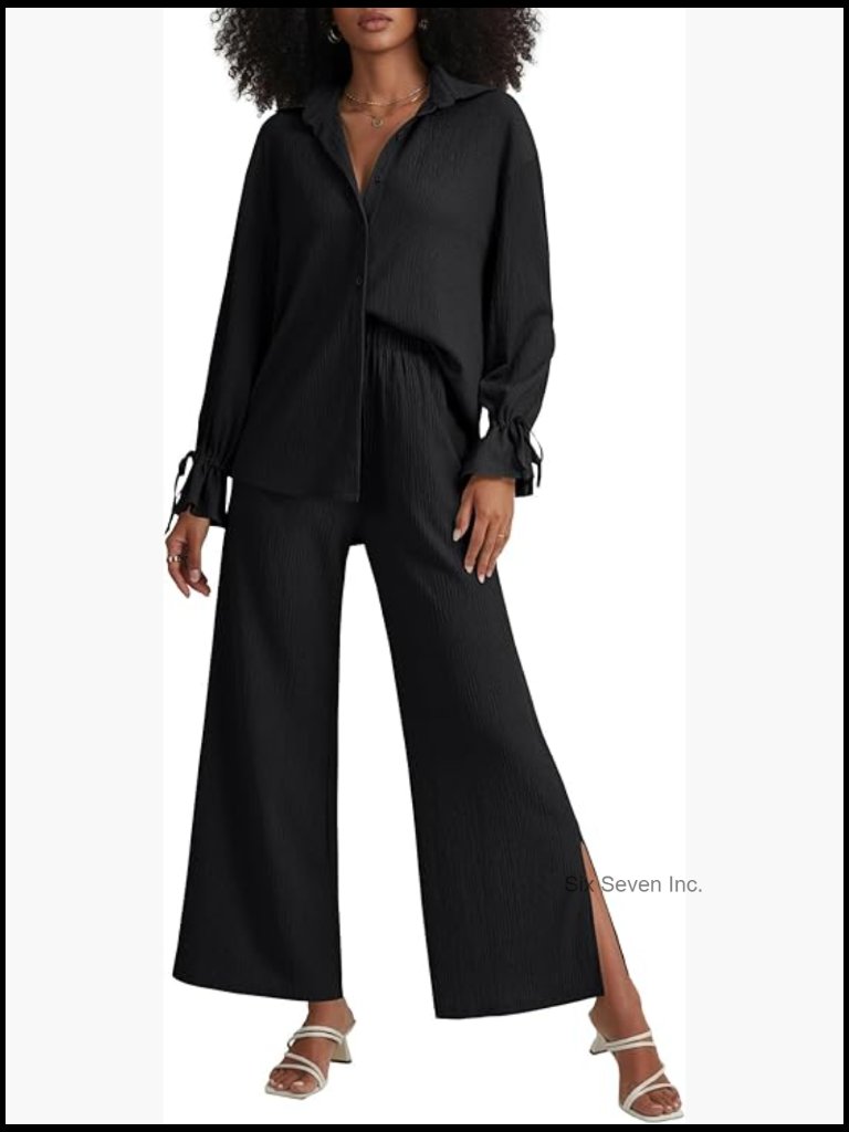 2 Piece Outfits Set Button Down Long Sleeve Shirt And Slit Wide Leg Pants